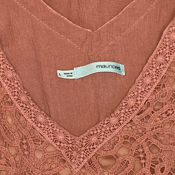 Maurices Ruffled 3/4 Sleeve V Neck Crochet Bodice Open Back Tie Crinkle Dress L - Picture 12 of 14